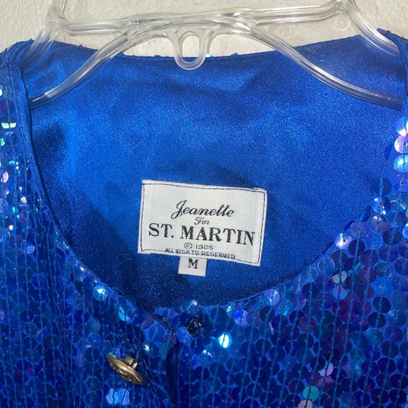 Jeanette For ST. Martin Vtg Women's Knit Blue Sequins Jacket Gold Button Size M - Picture 2 of 6